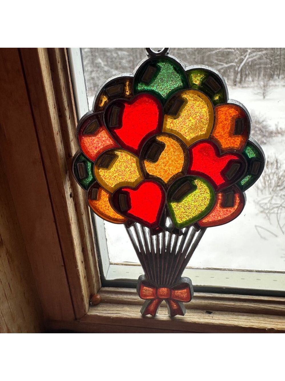 Vintage Metal Bundle of Balloons Hearts Bow Stained Glass Design Suncatcher